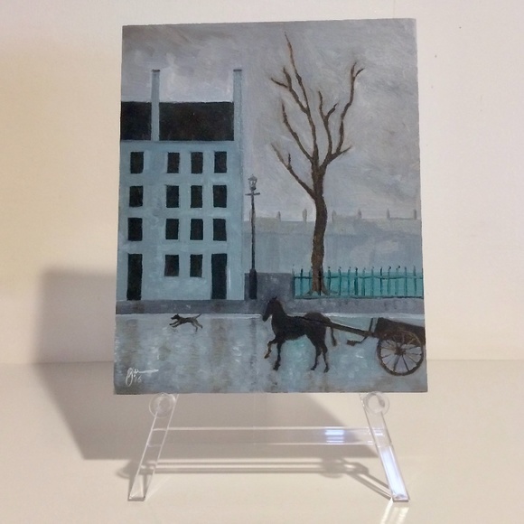 Rainy Street in England Oil Painting Art w/ Easel - Picture 1 of 9
